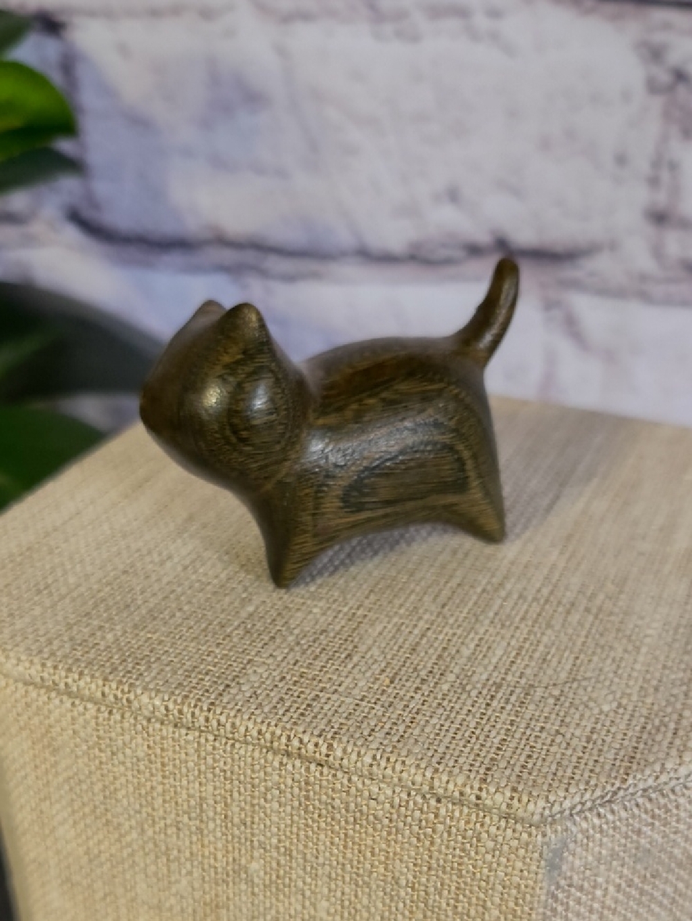 Wooden hand carved cat statue figurine kitty, tail up prancing